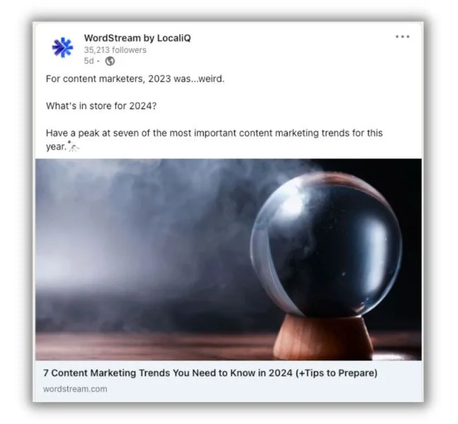 Content promotion - WordStream LinkedIn post