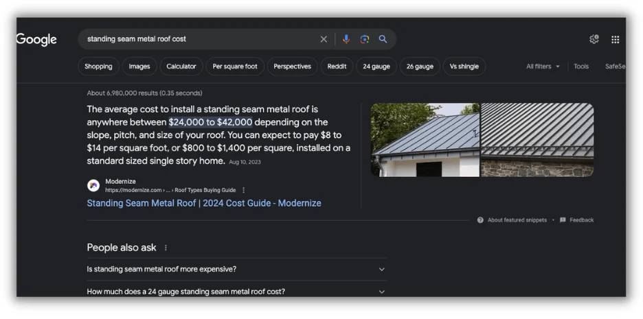 google search for standing seam roof cost