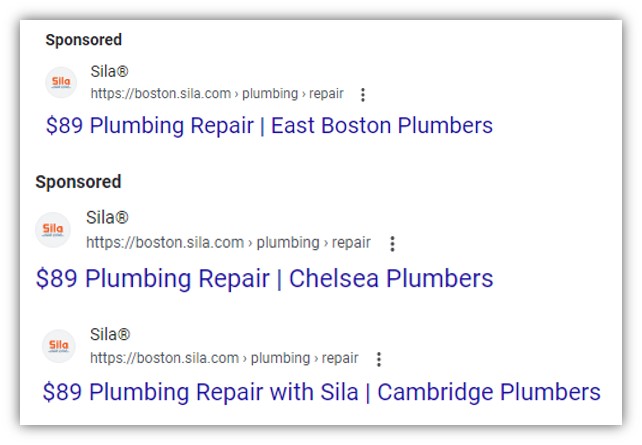 local google ads - example of google ads for different cities