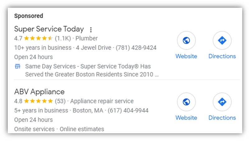 локальная реклама Google – примеры объявлений бизнес-профиля Google