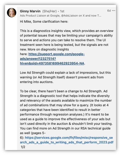 performance max updates - ginny marvin google ads laison tweet screenshot