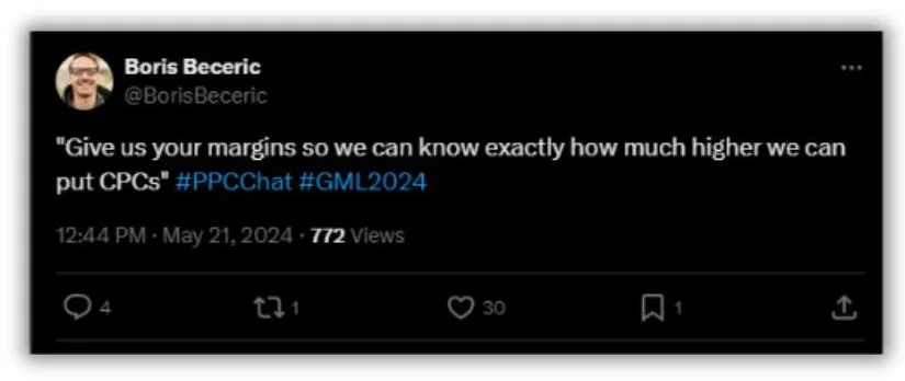Google Marketing Live - screenshot of a Tweet about Google using profit data to increase ad prices.
