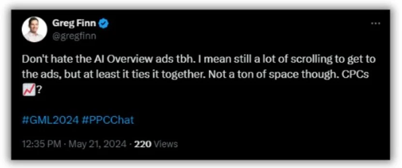 Google Marketing Live - screenshot of a Tweet from Greg Finn.
