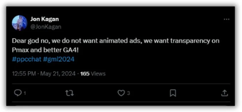 Google Marketing Live - screenshot of a Tweet from Jon Kagan.