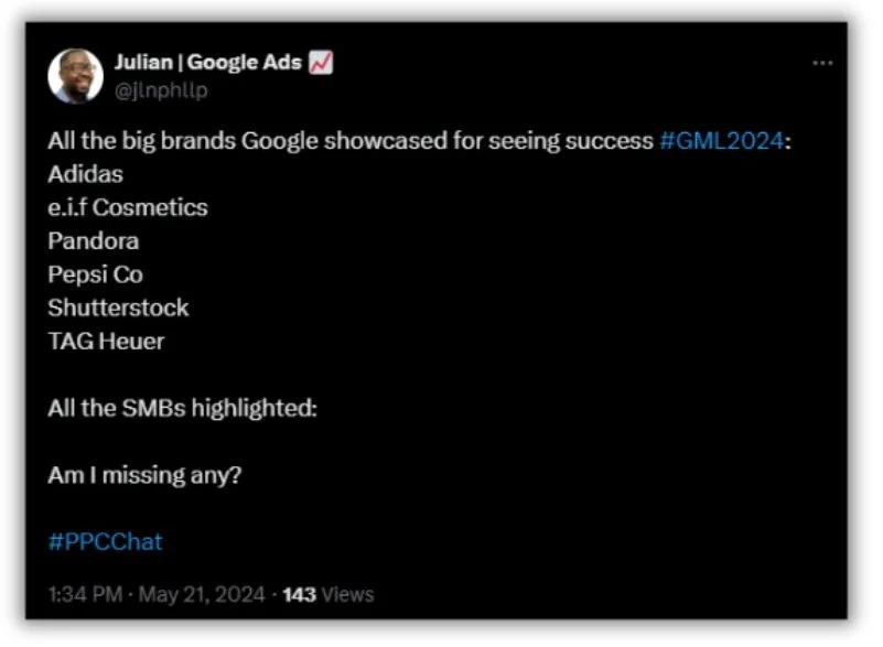 Google Marketing Live - screenshot of a Tweet about lack of smbs in GML.