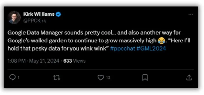 Google Marketing Live - screenshot of a Tweet from Kirk Williams
