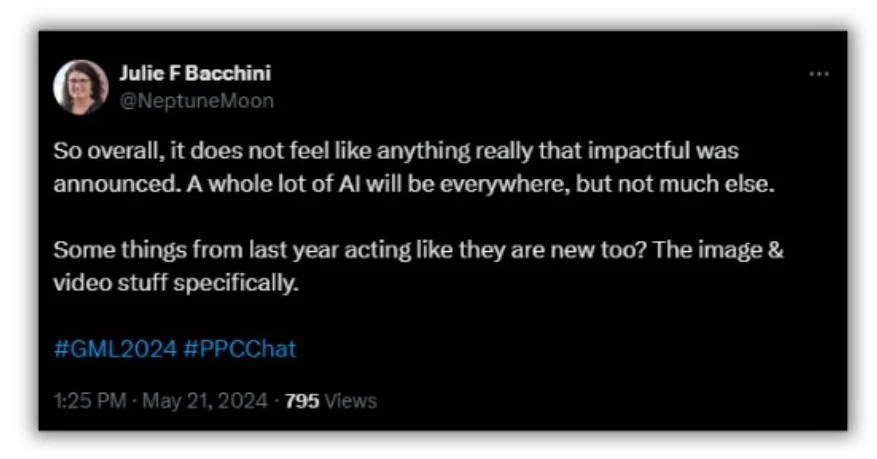 Google Marketing Live - screenshot of a Tweet about GML not giving anything of substance.