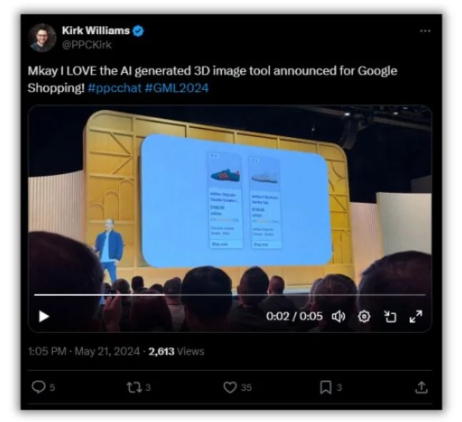 Google Marketing Live - screenshot of a Tweet from Kirk Williams.