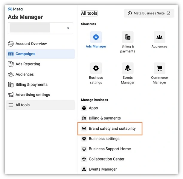 facebook ads brand safety and suitability menu screenshot