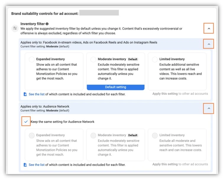 facebook ads brand safety and suitability - inventory filters menu screenshot