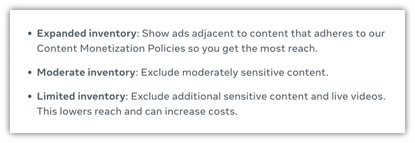 facebook ads brand suitability and safety - inventory filter definition screenshot