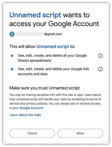 google ads scripts authorization