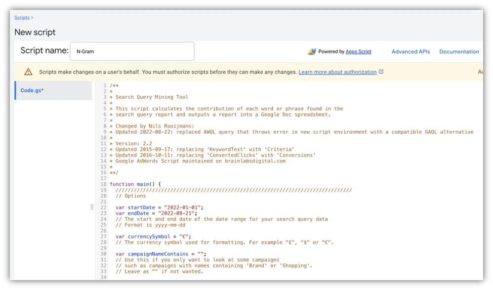 google ads n-gram - adding a new google ads script