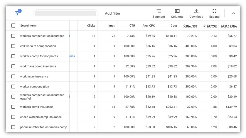google ads n-gram script - search terms report screenshot
