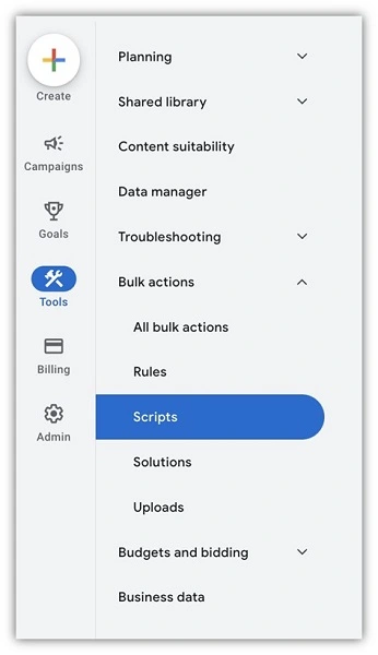 google ads n-gram scripts - bulk action menu screenshot