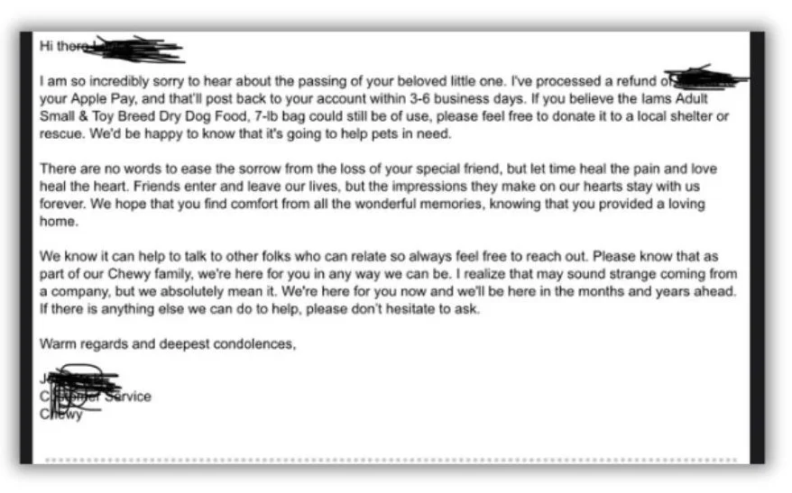 Brand loyalty - Customer note from pet goods supplier.