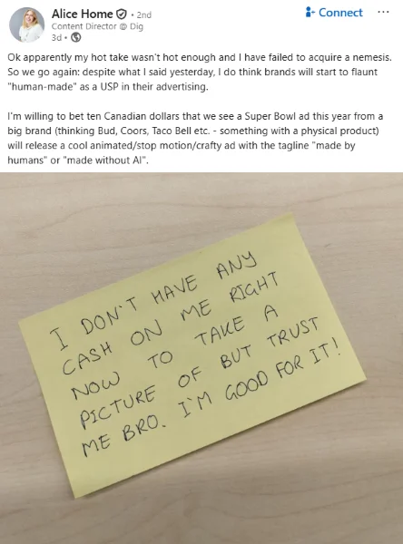 B2B marketing trends - LinkedIn post about AI transparency.