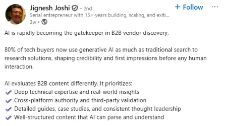 B2B marketing trends - LinkedIn post about AI search.