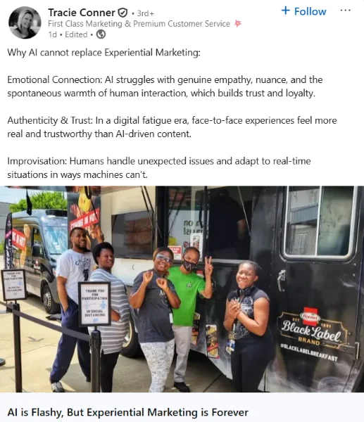 B2B marketing trends - LinkedIn post about experiential marketing.