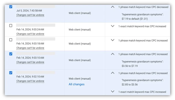 google ads manual bidding mistakes - change history screenshot