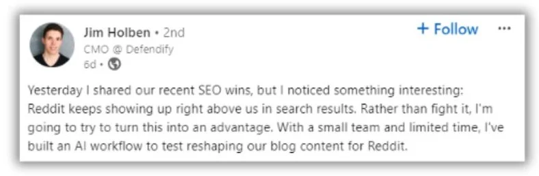 SEO trends - linkedIn post from Jim Holben.