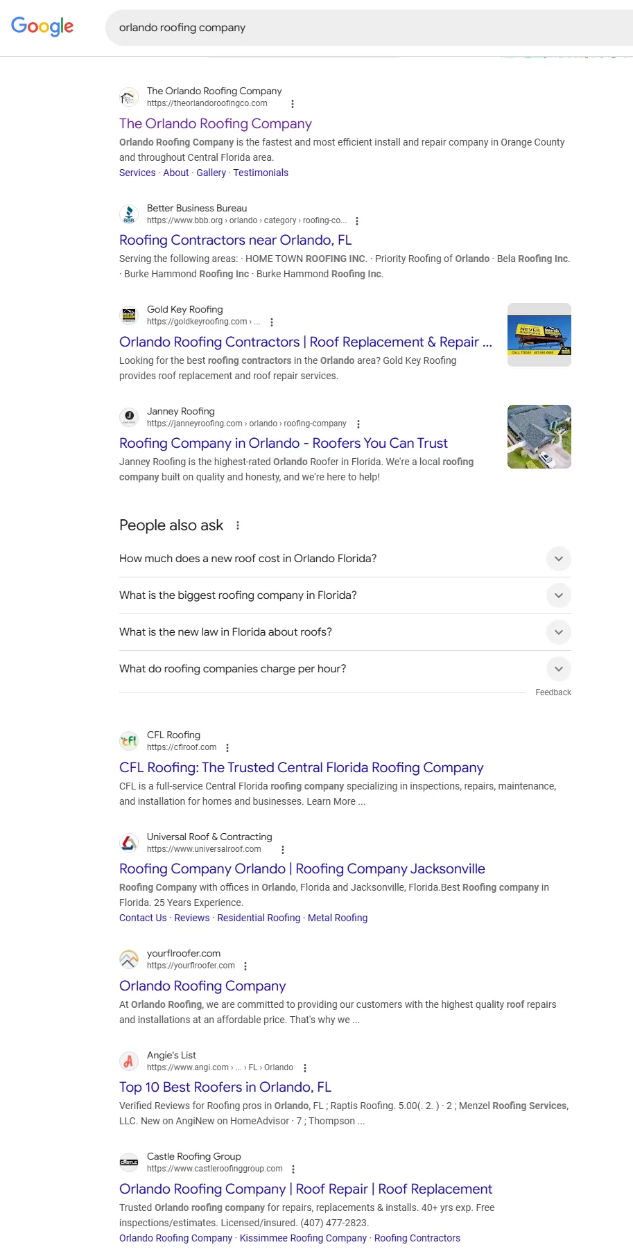 search results for orlando roofing company on google