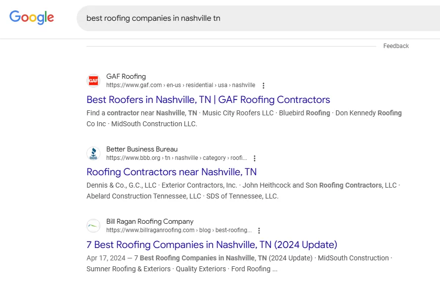 roofing companies in nashville search results on google