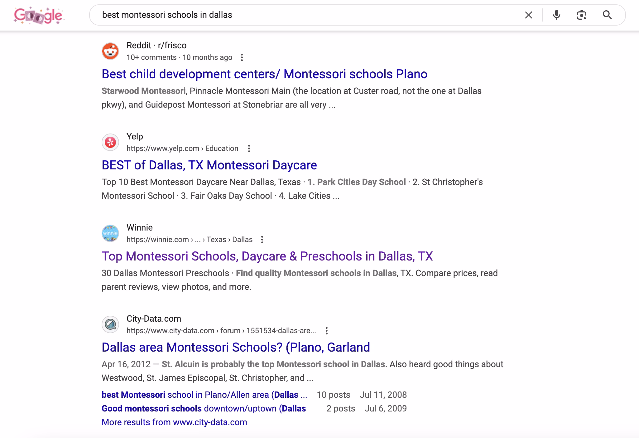 search results for best montessori schools in dallas query with results on listings and forum sites