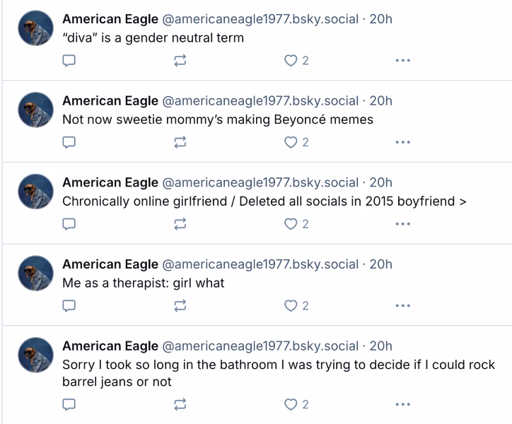 Bluesky for marketing - posts from American Eagle.