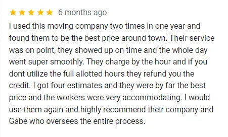 5-star review for a moving service on facebook