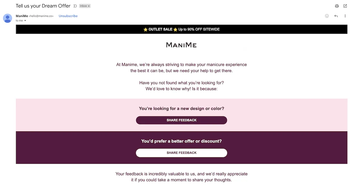 email asking for feedback on upcoming offer