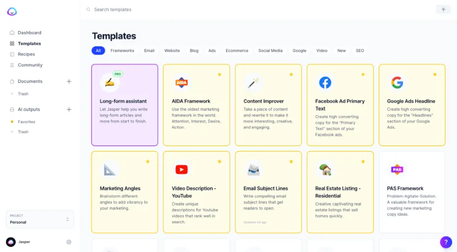 Best AI tools - screenshot from Jasper.