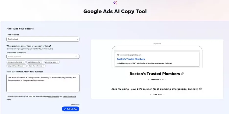 Best AI tools - screenshot from LocaliQ's Google Ads AI Copy Tool.