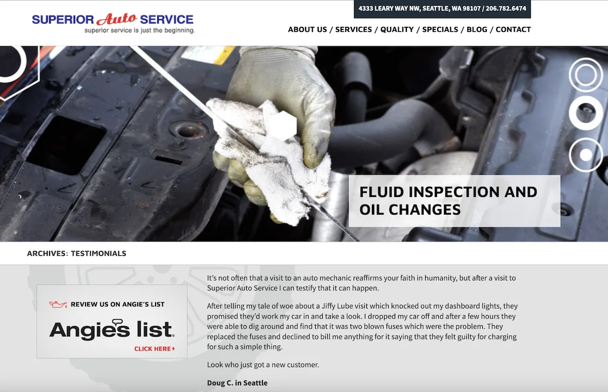 descriptive customer testimonial for an auto mechanic shop on website