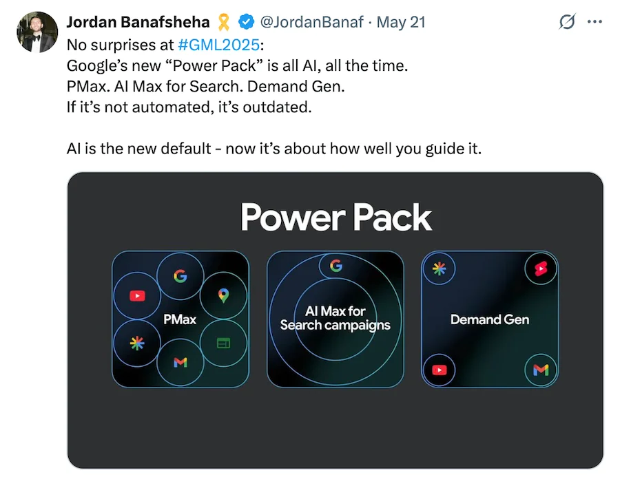 Google Marketing Live 2025 -Tweet screenshot about power pack