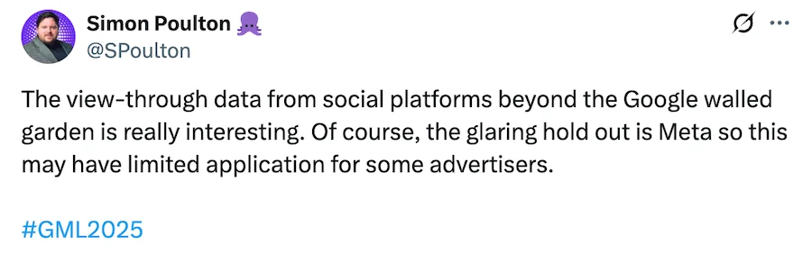 Google Marketing Live 2025 - Tweet screenshot about view-through social data in GA4