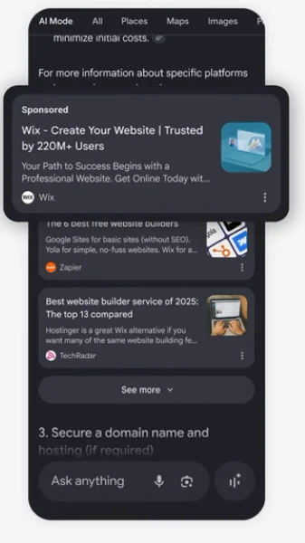 Google Marketing Live 2025 -AI Mode ad on mobile.