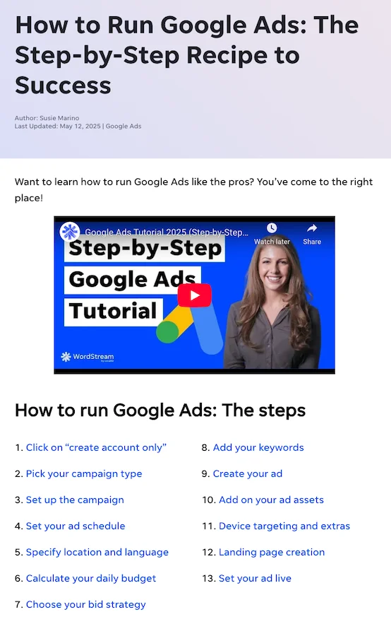 screenshot of how to run google ads post from wordstream with video and table of contents