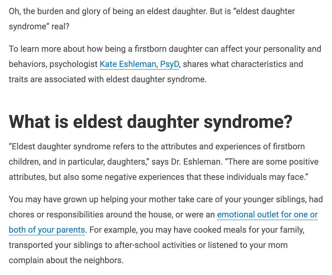 healthcare expert interviewed for hospital blog on eldest daughter syndrome