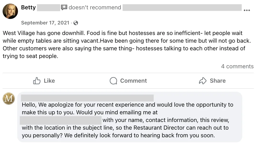 example of a negative facebook review with a response