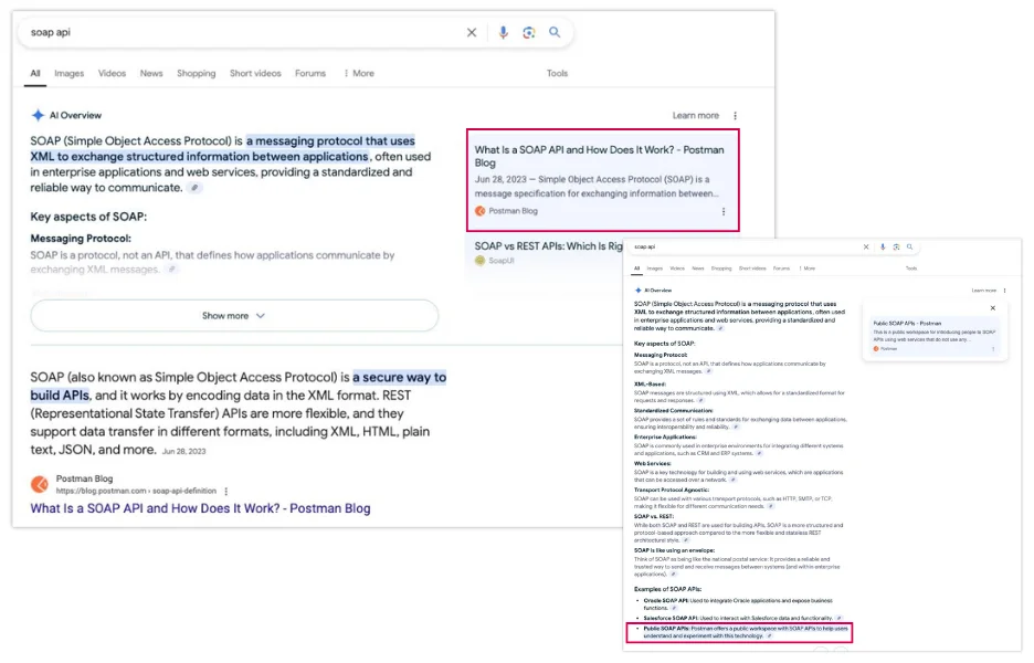 postman blog showing twice in ai overview for soap api search