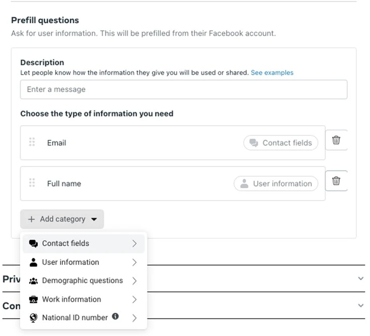 optimize facebook leads - contact field option