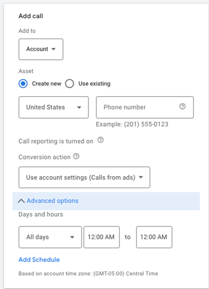 google ads assets - call asset settings