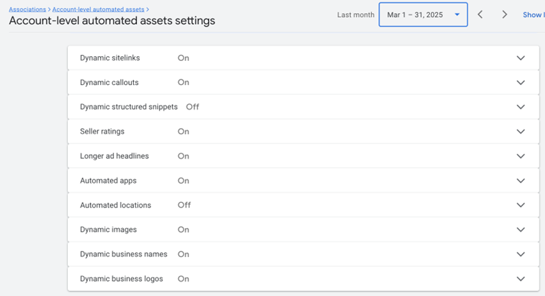 google ads automatically created assets menu