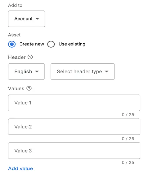 google ads assets - structured snippets settings