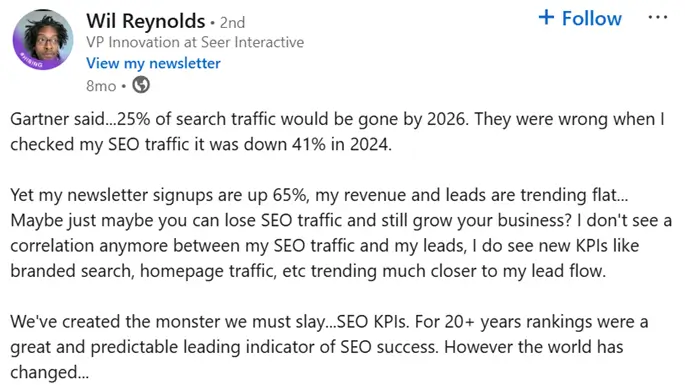 google ai overviews statistics - linkedin post regading search traffic