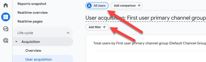 google analytics 4 acquisition report check for all users