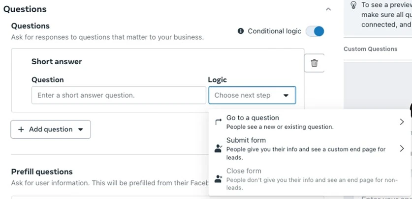 optimize facebook lead ads - conditional logic option
