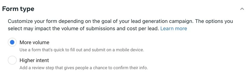how to optimize facebook lead ads - form type screenshot