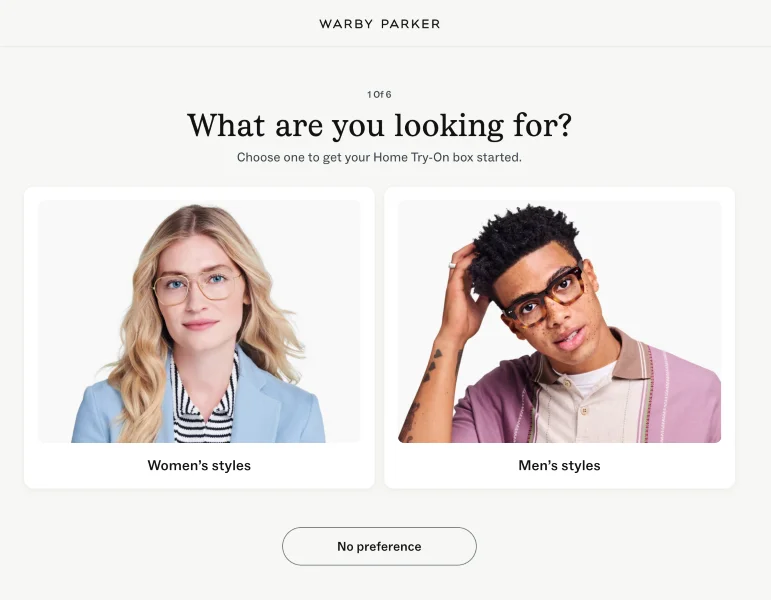 Interactive content - Warby Parker quiz.